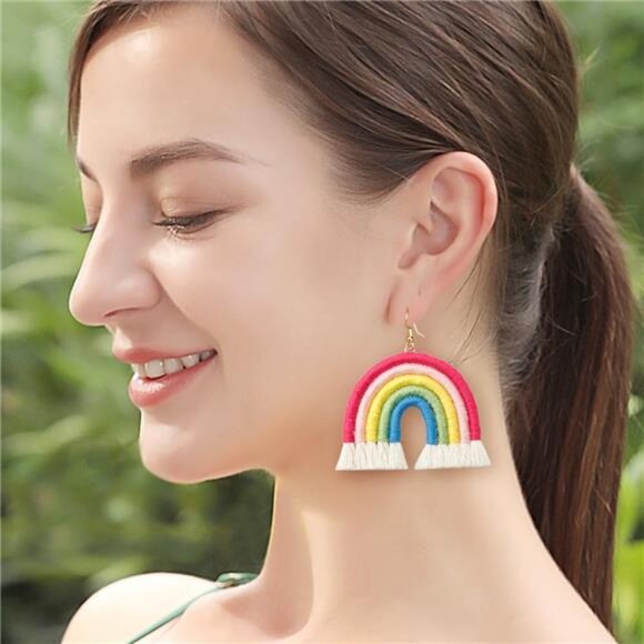 Boho Rainbow Layered Tassel Earrings Handmade Macrame Fringe Drop Earrings Gift - Picture 2 of 8